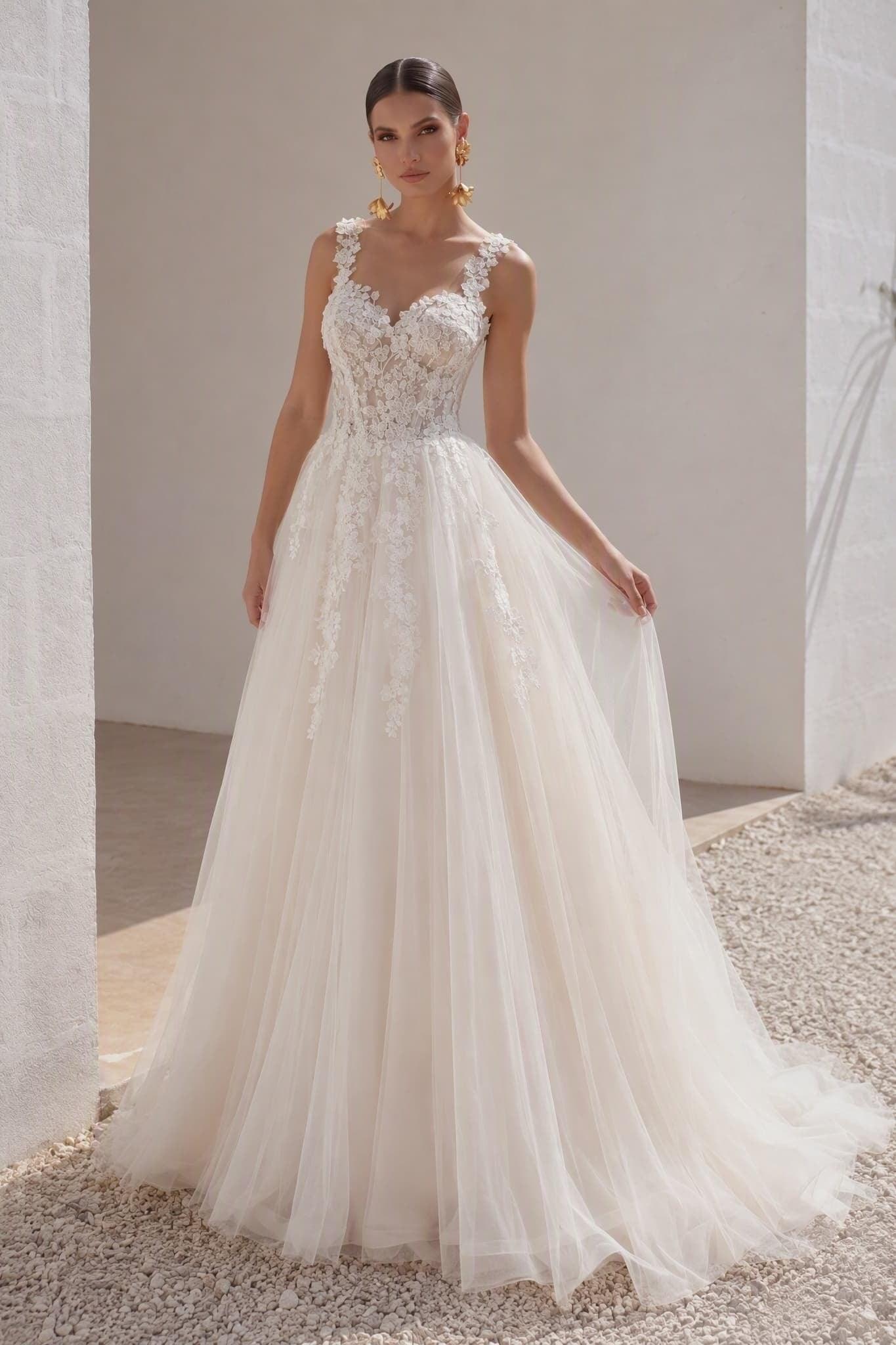 A-Line Sweep-Brush Train Lace Tulle Wedding Dress CW3101 - 25 Days / As Picture:Ivory/Nude / US0-UK2-EUR30 - COCOMELODY